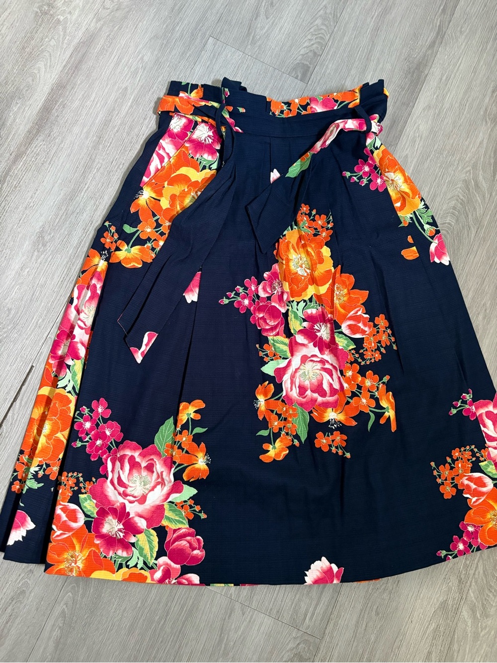 eva mendes for New York & Company Navy Floral A-Line Skirt with Tie Waist